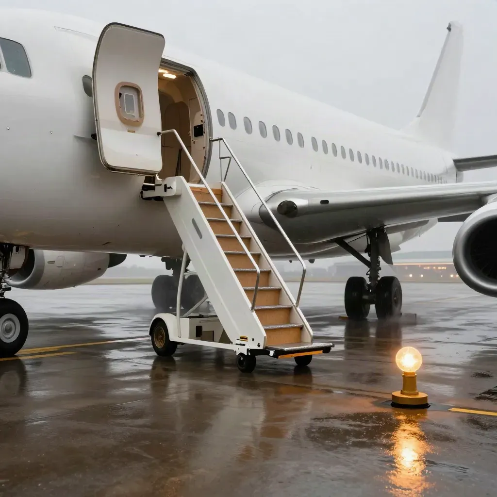 Aereo fermo su pista bagnata di notte, scaletta mobile, porta aperta e riflessi dorati.