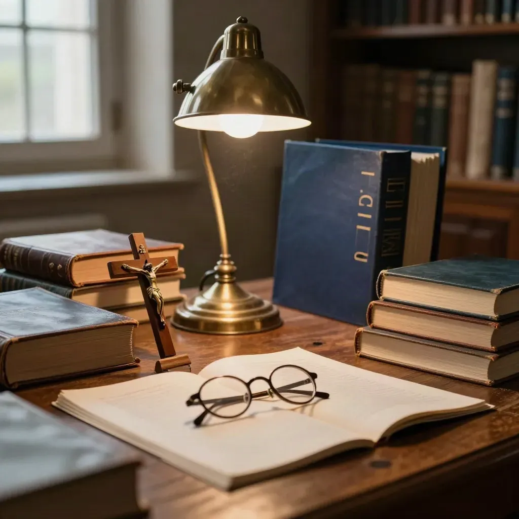Studio romano con libri teologici, crocifisso di legno e lampada accesa su carta crema.