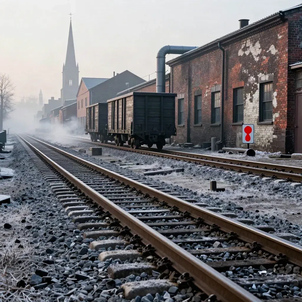 Quartiere industriale ottocentesco con binari, ciminiere e campanile nella nebbia mattutina