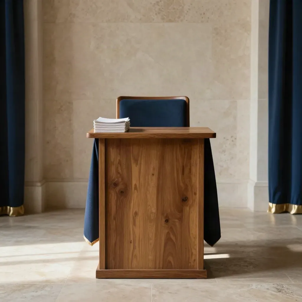 Sala udienze silenziosa con podio, libretti, sedia vuota e luce radente sulla pietra.