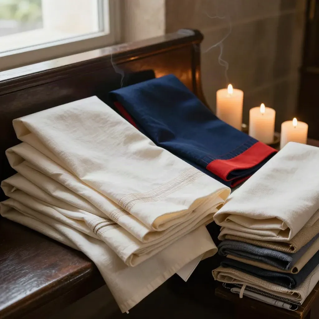 Paramenti liturgici piegati su una panca di sagrestia con candele e tessuti in lino.